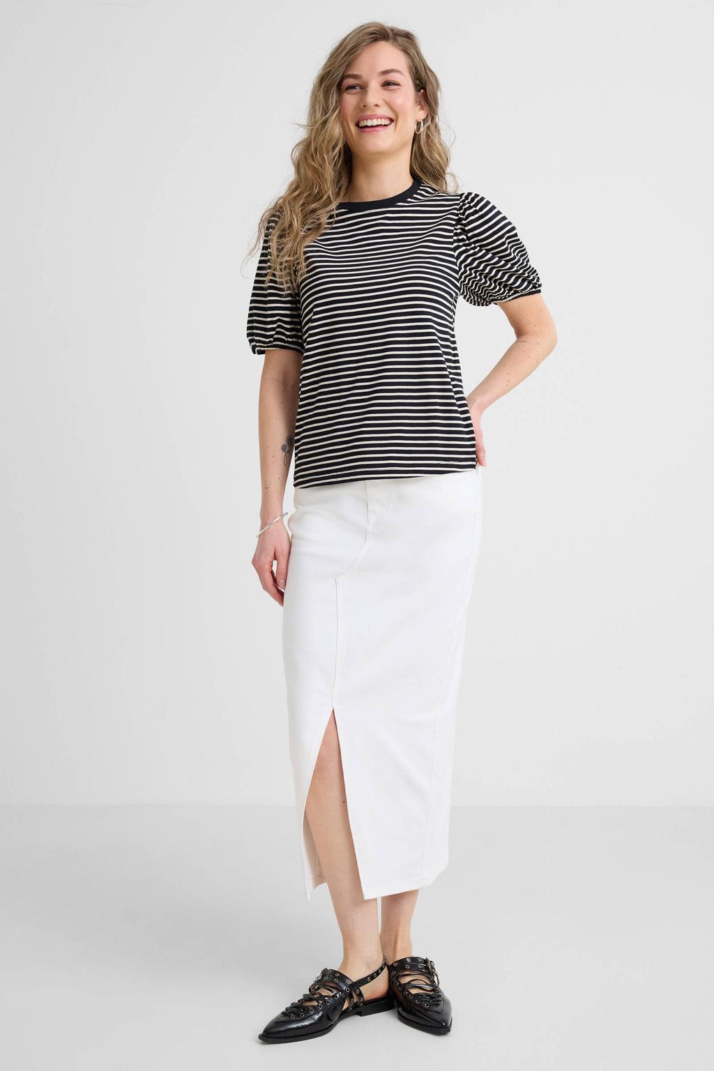 Zwart en beige dames Anytime T-shirt gestreept van katoen met korte mouwen en ronde hals