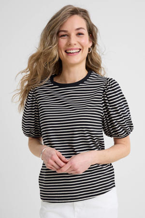 T-shirt met pofmouwen gestreept zwart/beige