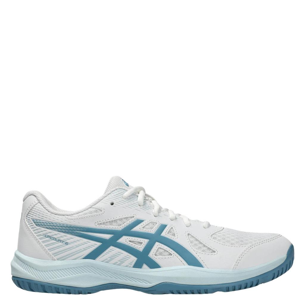 Wit en lichtblauwe heren ASICS Upcourt 6 zaalsportschoenen van mesh-pu/voering: mesh/voetbed: eva met veters