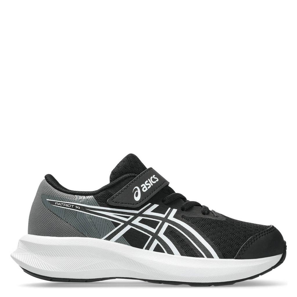 Zwart en witte jongens en meisjes ASICS Patriot 14 hardloopschoenen van mesh-pu/voering: mesh/voetbed: eva met elastische veter- met klittenbandsluiting