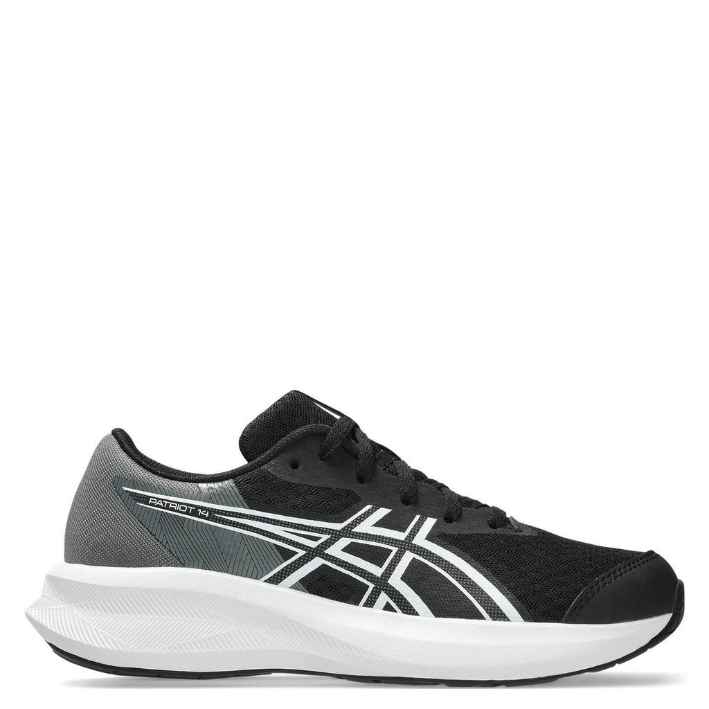 Zwart en witte jongens en meisjes ASICS Patriot 14 hardloopschoenen van mesh-pu/voering: mesh/voetbed: eva met veters