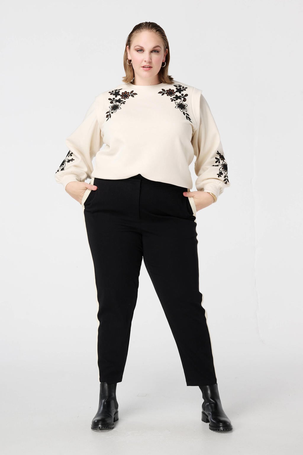 Ecru dames MS Mode sweater broderie van katoen met effen, lange mouwen en klassieke kraag