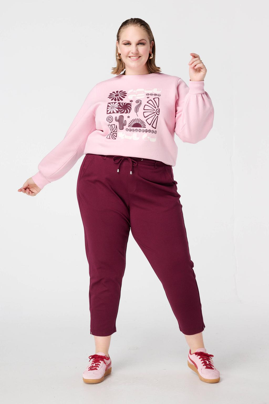 Lichtroze dames MS Mode sweater van katoen met printopdruk, lange mouwen en klassieke kraag