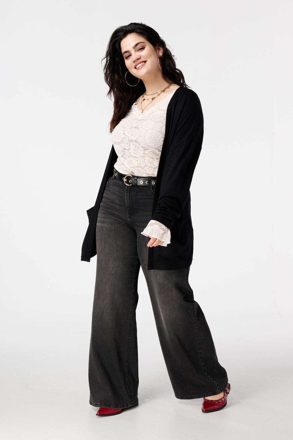 Zwarte dames MS Mode lang vest van viscose met effen en lange mouwen