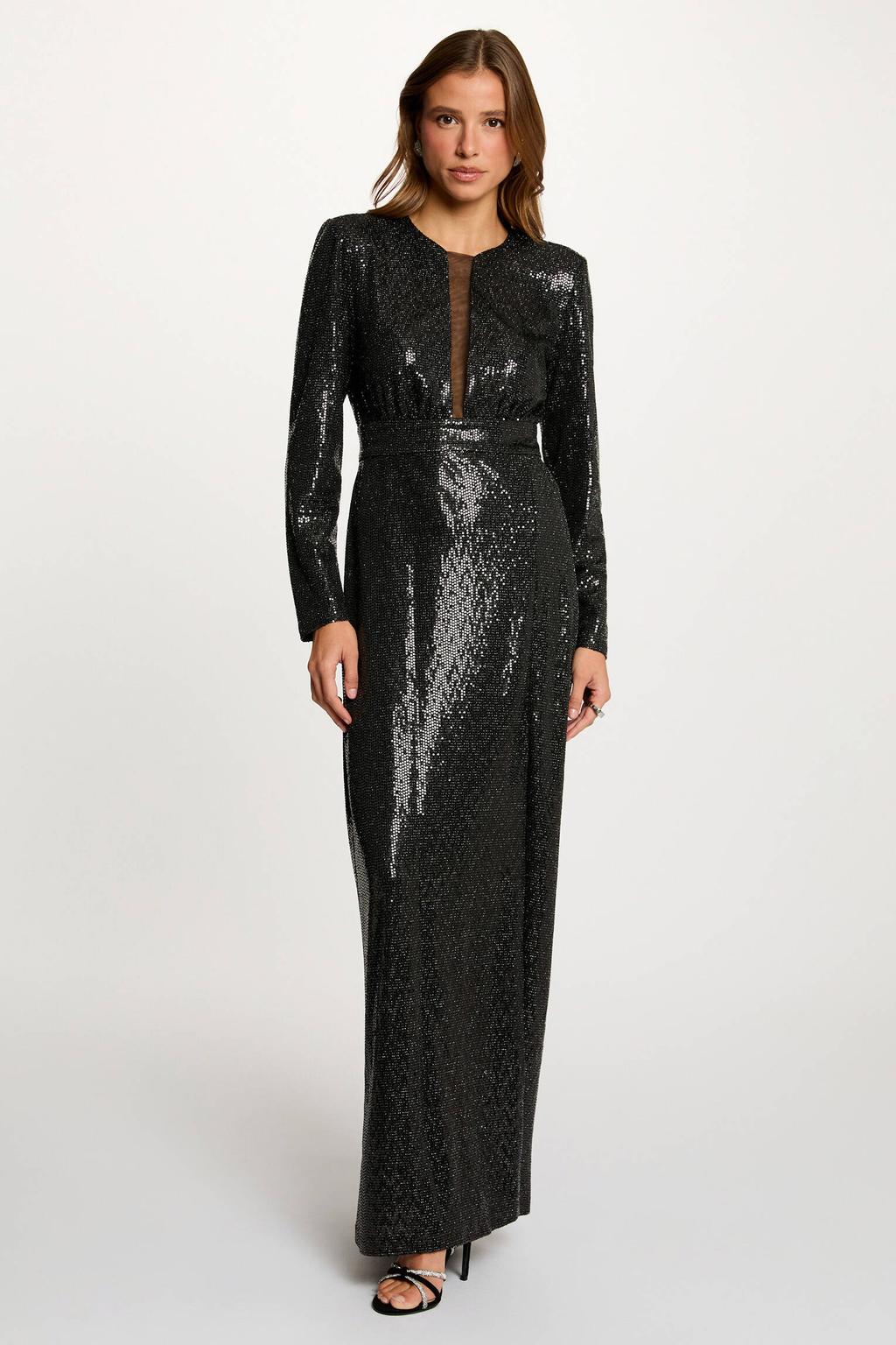 Zwarte dames Morgan maxi jurk van polyester met effen, lange mouwen, ronde hals, blinde ritssluiting en glimmend detail