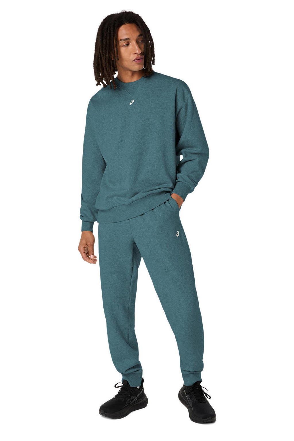 Groene heren ASICS sportsweater van katoen met lange mouwen en ronde hals