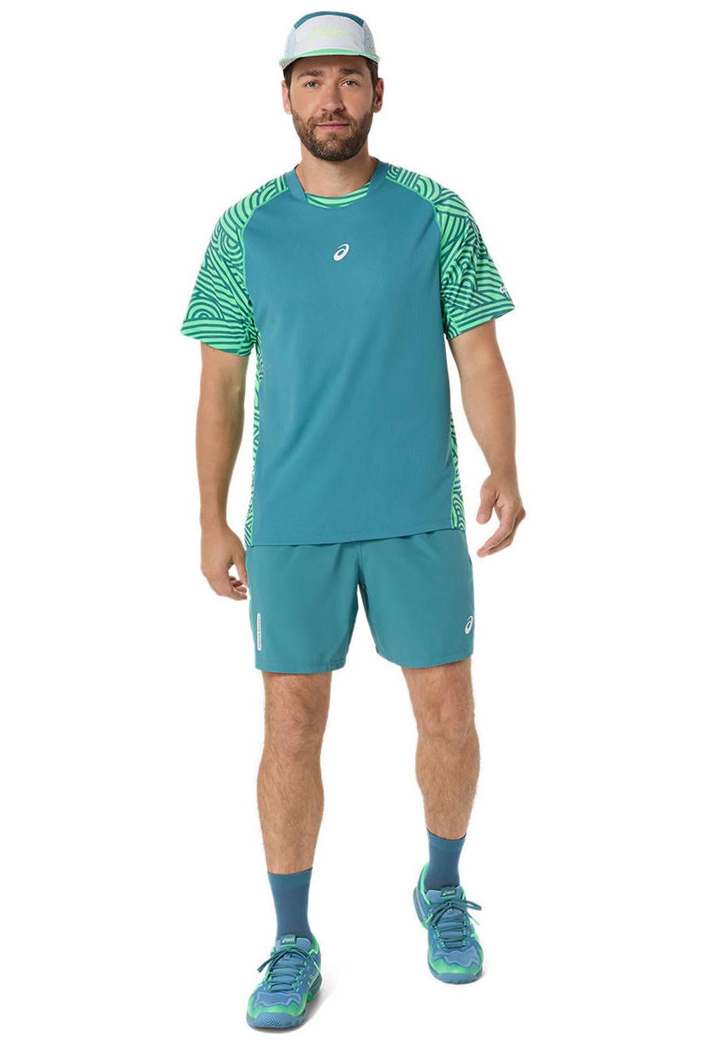 Blauw, aqua en groene heren ASICS sportshirt van polyester met korte mouwen en ronde hals