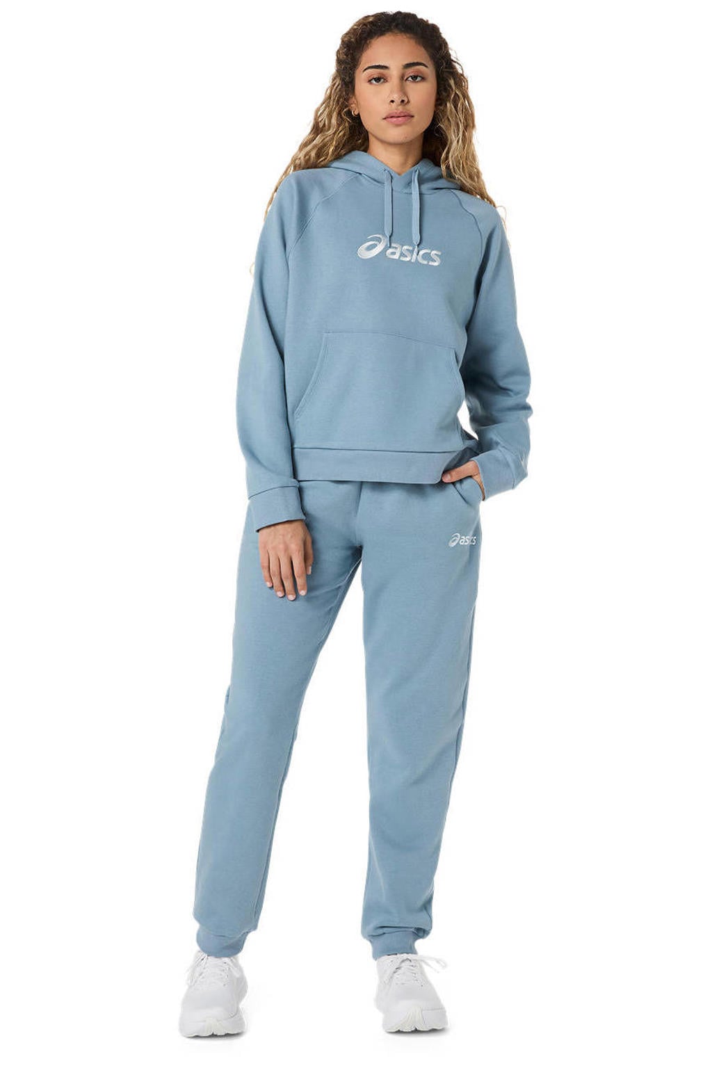 Lichtblauwe dames ASICS joggingbroek van fleece met regular waist, elastische tailleband met koord en effen