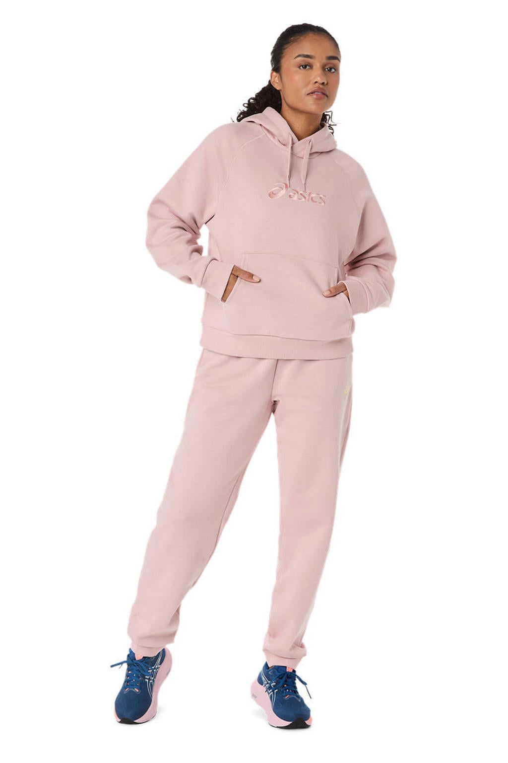 Lichtroze dames sporthoodie van fleece met logo dessin, lange mouwen en capuchon