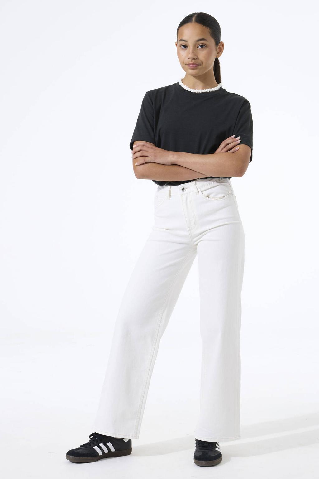 Witte meisjes Garcia Annemay Wide high waist wide leg jeans van stretchdenim met rits- en knoopsluiting en effen