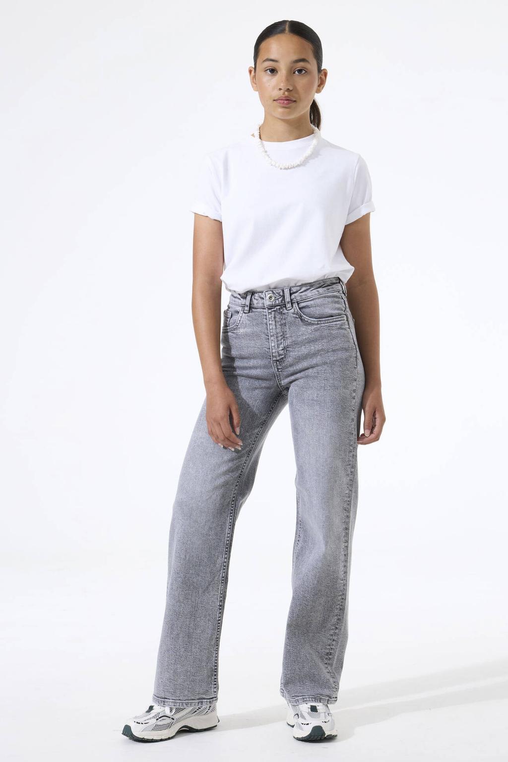 Grey denim meisjes Garcia Ilvy Straight high waist straight leg jeans van katoen met rits- en knoopsluiting en effen