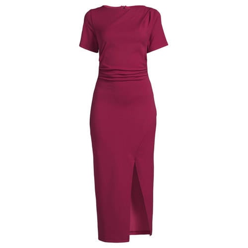 Ruby midi jurk met ingerimpeld detail wijnrood afbeelding