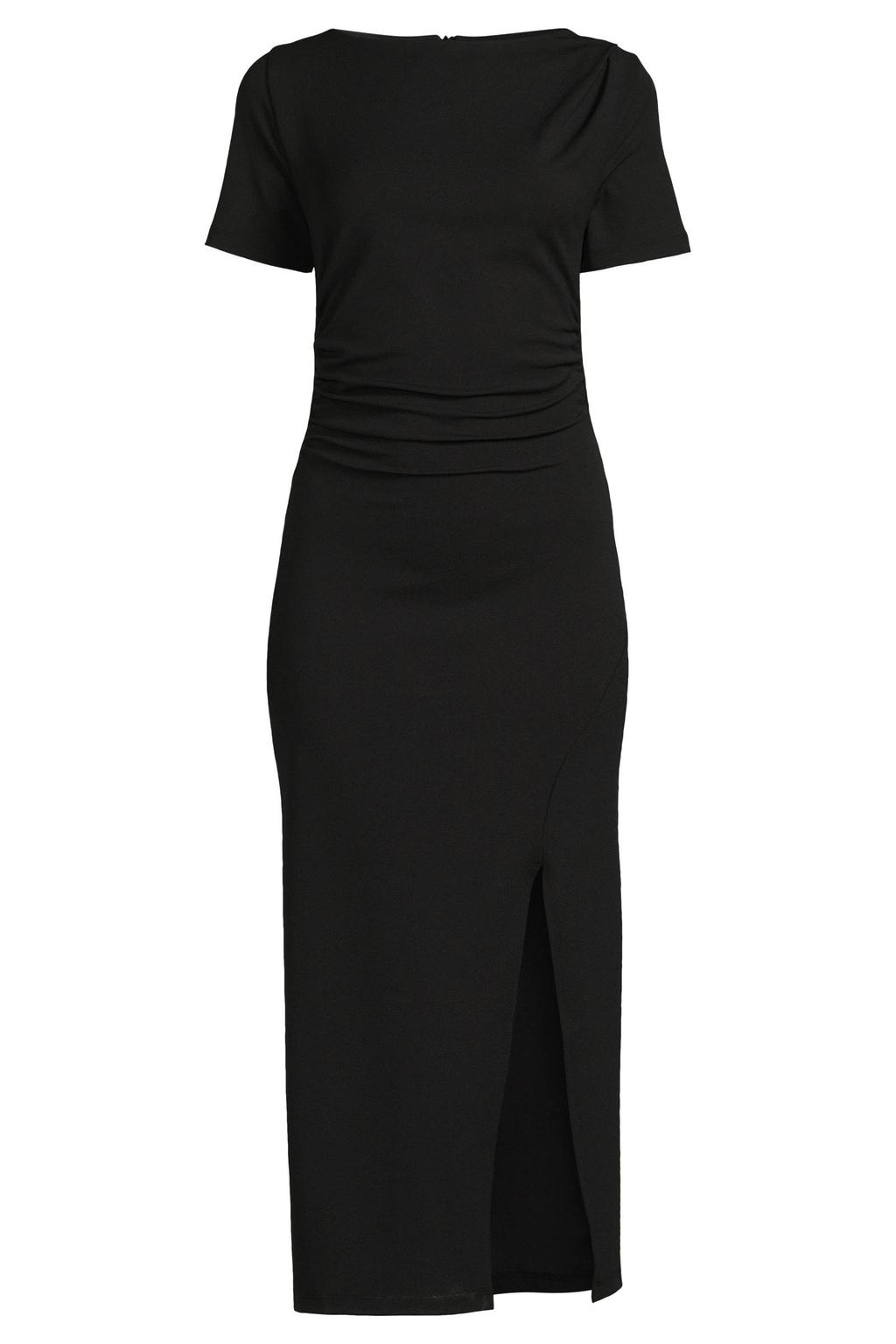 Zwarte dames Ruby midi jurk detail van polyester met effen, korte mouwen en ritssluiting