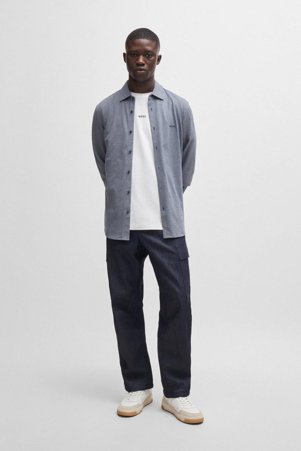 Blauwe heren BOSS slim casual overhemd van katoen met melée print, lange mouwen en klassieke kraag