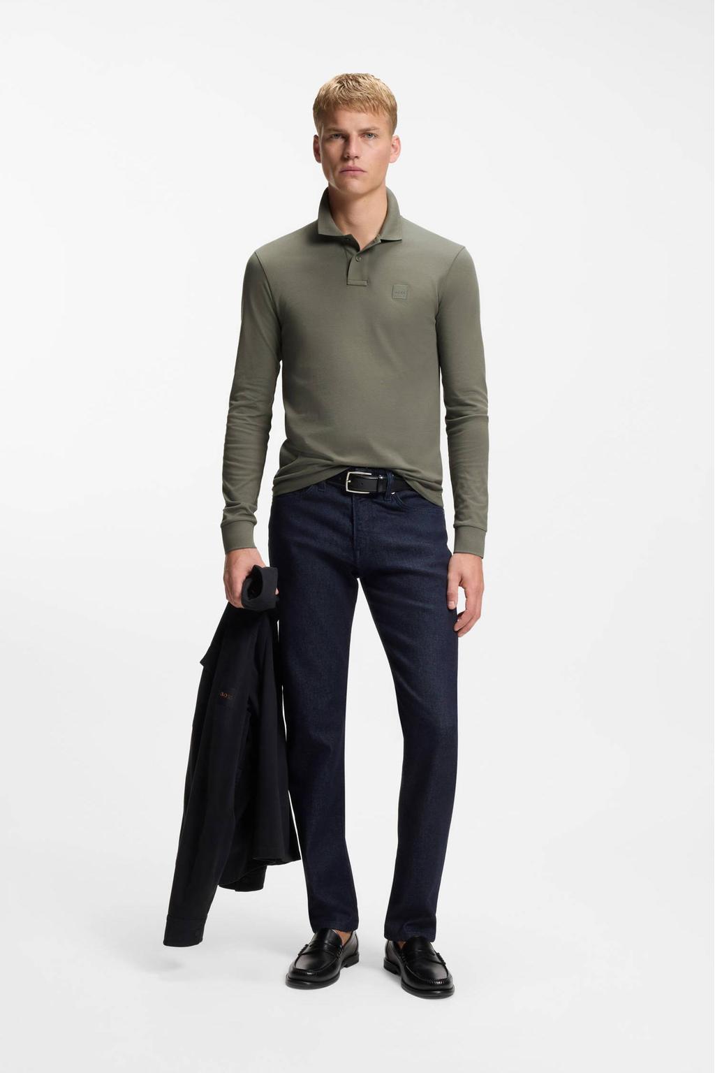 Grijsgroene heren BOSS slim polo groen met logo dessin en lange mouwen
