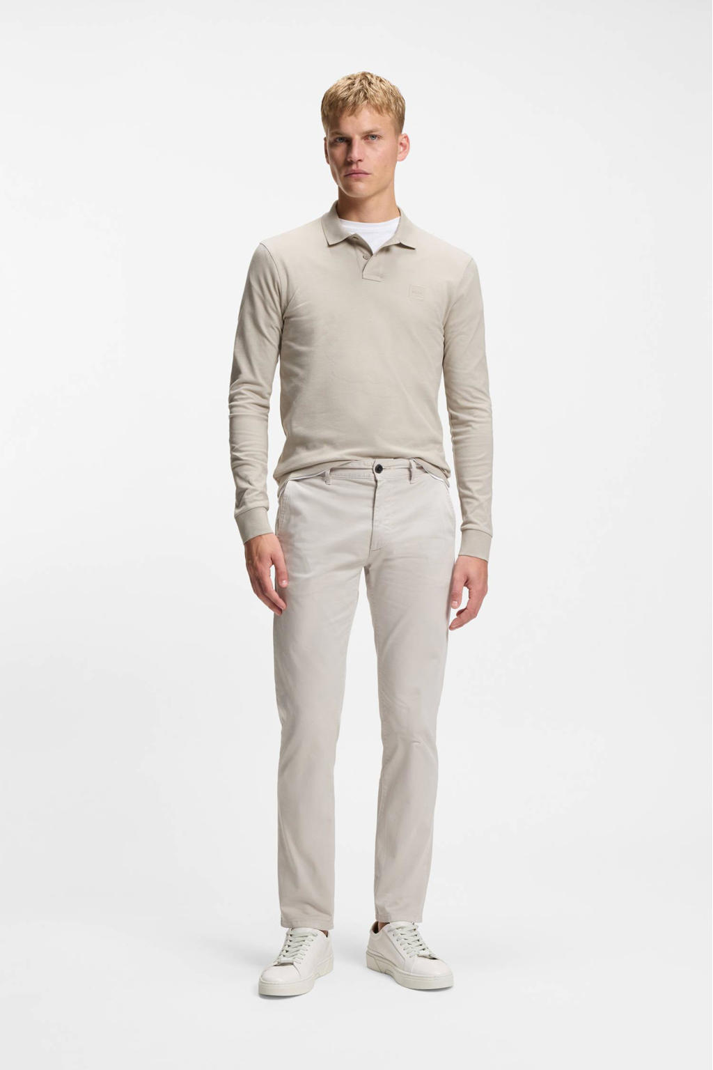 Taupe heren BOSS slim polo van stretchkatoen met logo dessin en lange mouwen