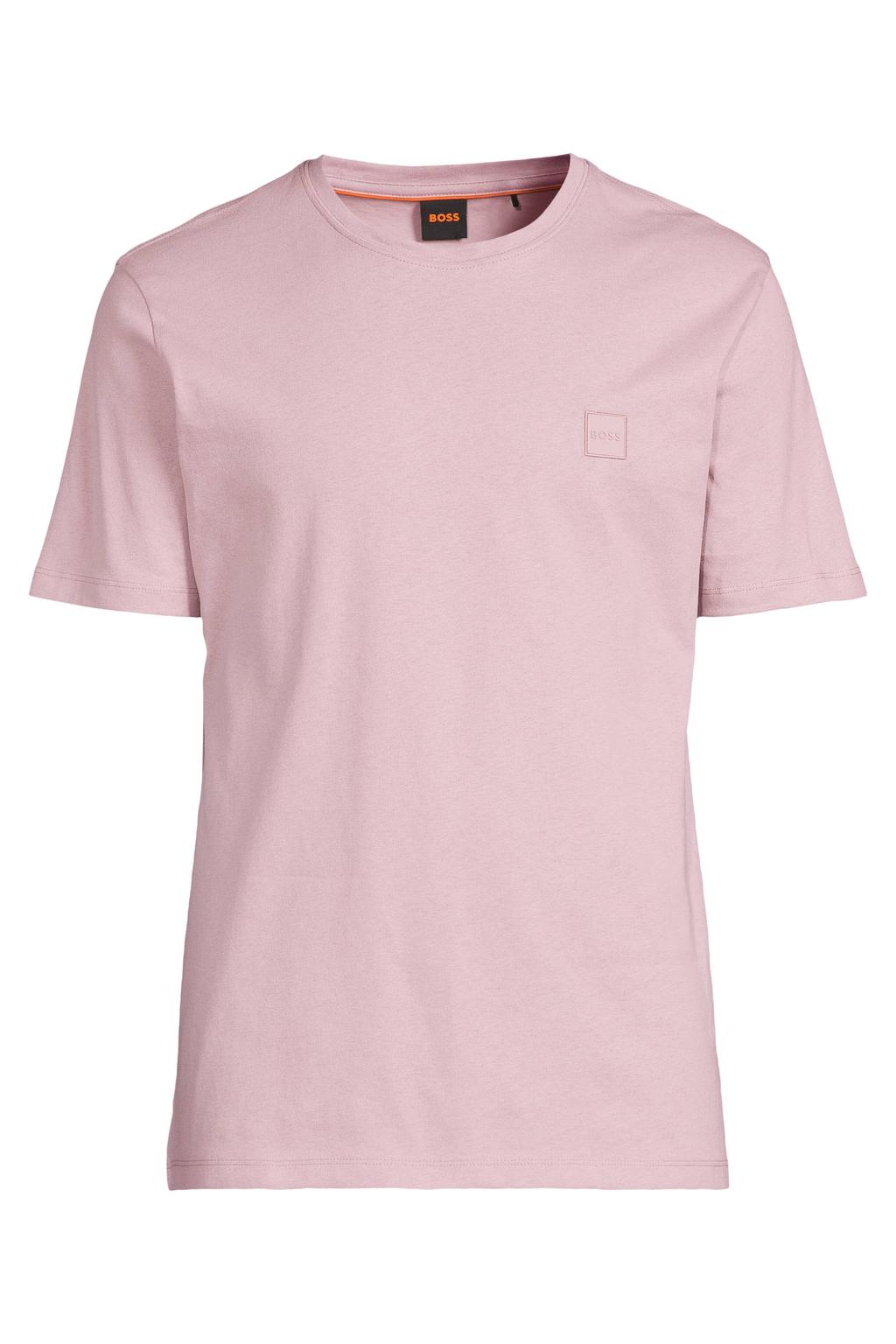 Lichtroze heren BOSS regular T-shirt van katoen met effen, korte mouwen en ronde hals