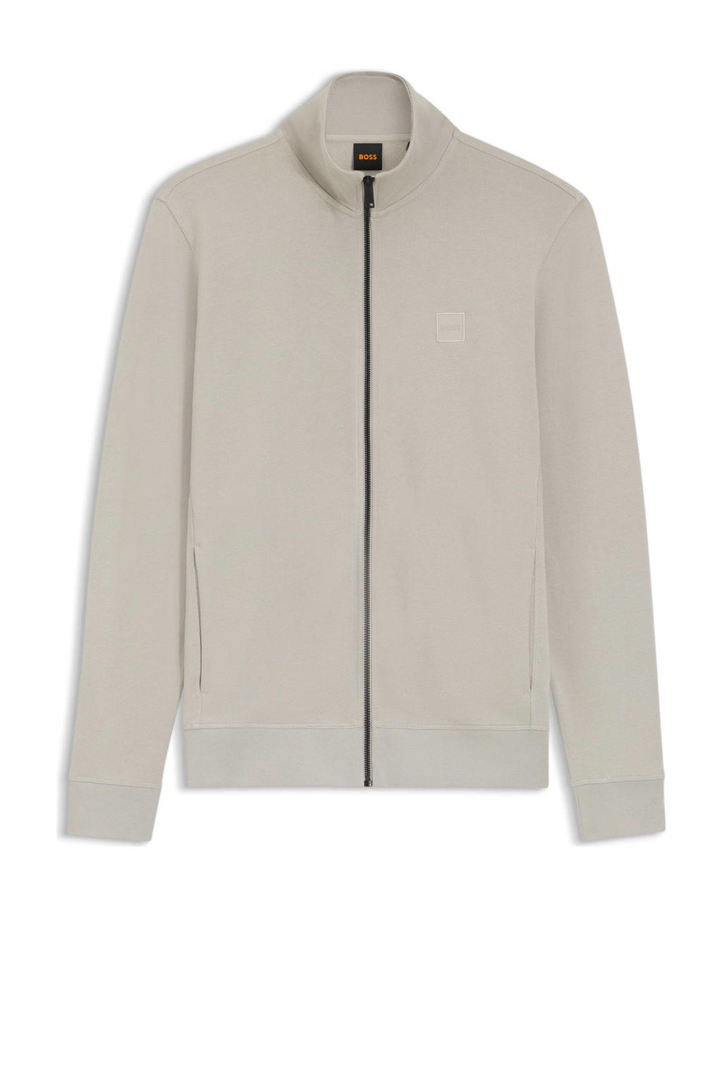 Ecru heren BOSS sweatvest van katoen met effen, lange mouwen, opstaande kraag en ritssluiting