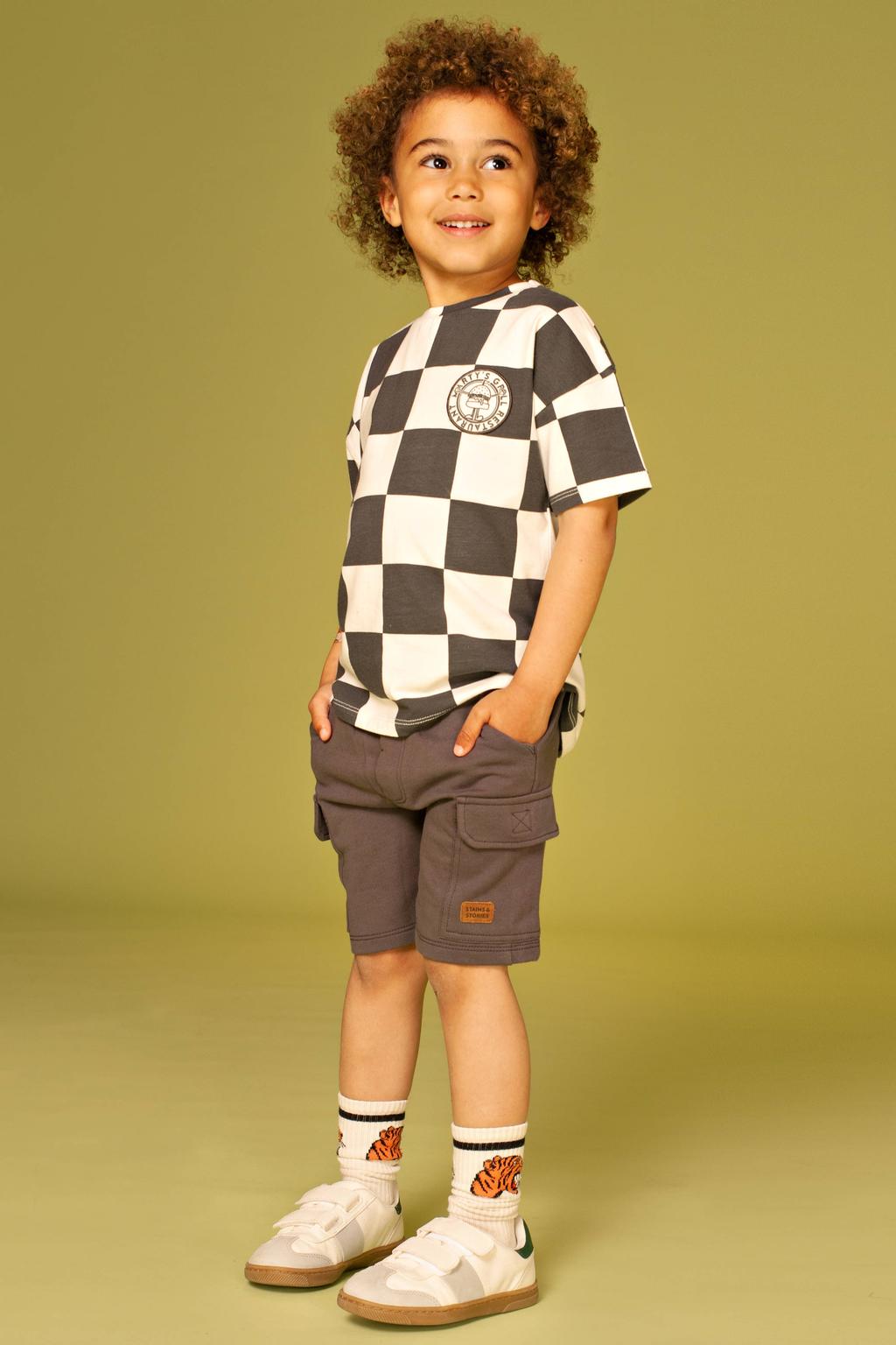 Antraciete jongens Stains&Stories sweatshort met elastische tailleband met koord en effen