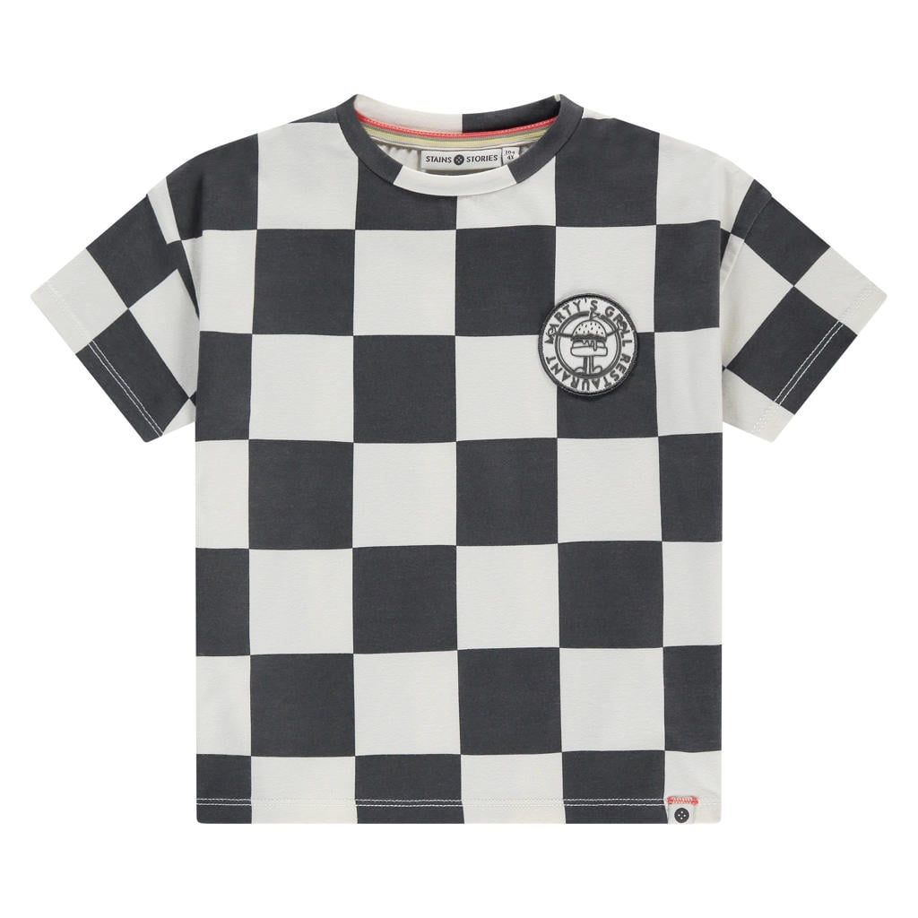 Antraciet en witte jongens Stains&Stories geruit T-shirt van katoen met korte mouwen en ronde hals