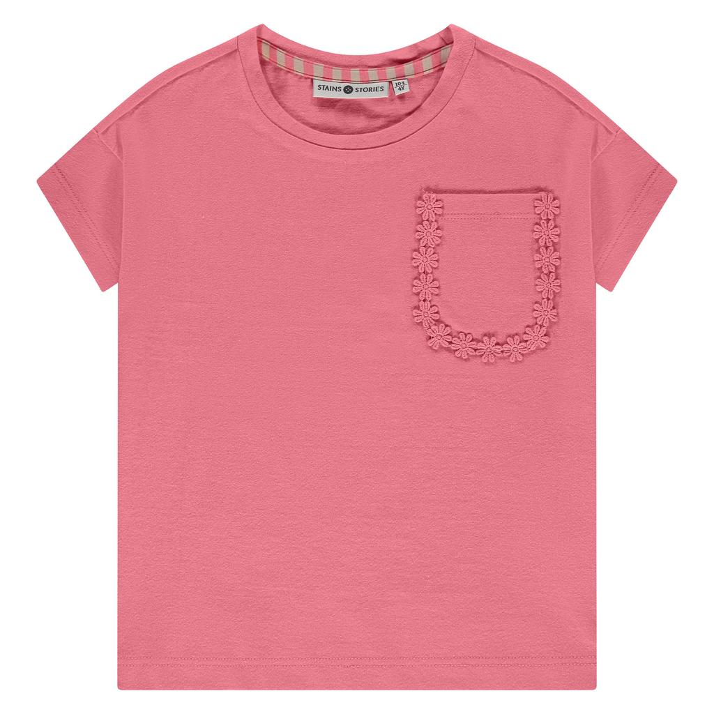 Roze meisjes Stains&Stories T-shirt van katoen met effen, korte mouwen en ronde hals