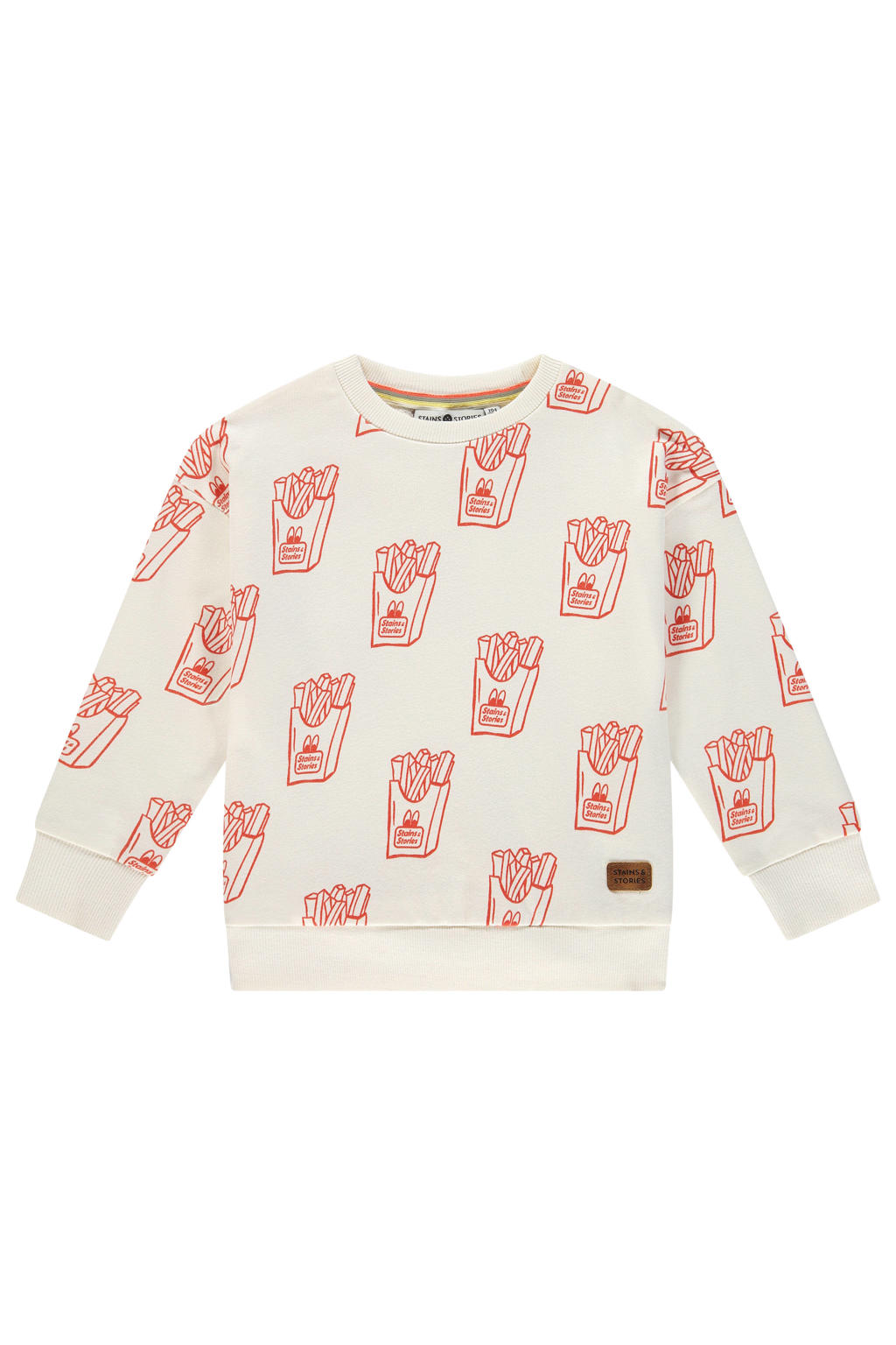 Ecru en rode jongens Stains&Stories sweater met lange mouwen, ronde hals en geribde boorden