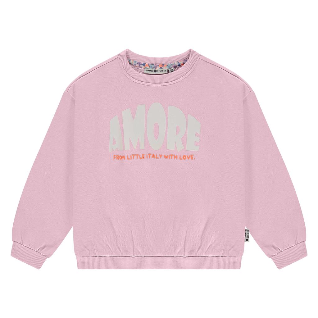 Roze meisjes Stains&Stories sweater met printopdruk, lange mouwen, ronde hals en geribde boorden