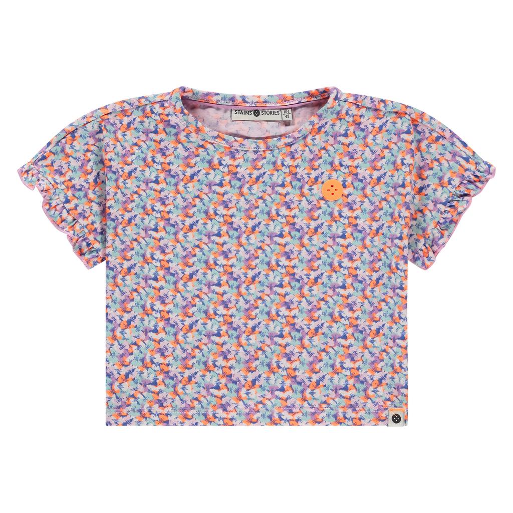Roze meisjes Stains&Stories T-shirt van stretchkatoen met korte mouwen, ronde hals en ruches