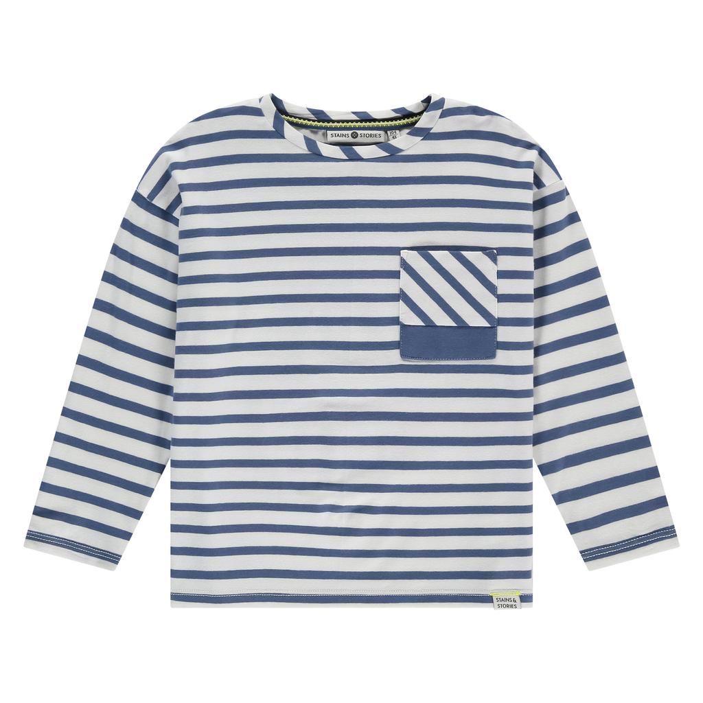 Blauwe jongens Stains&Stories gestreepte longsleeve van stretchkatoen met lange mouwen en ronde hals