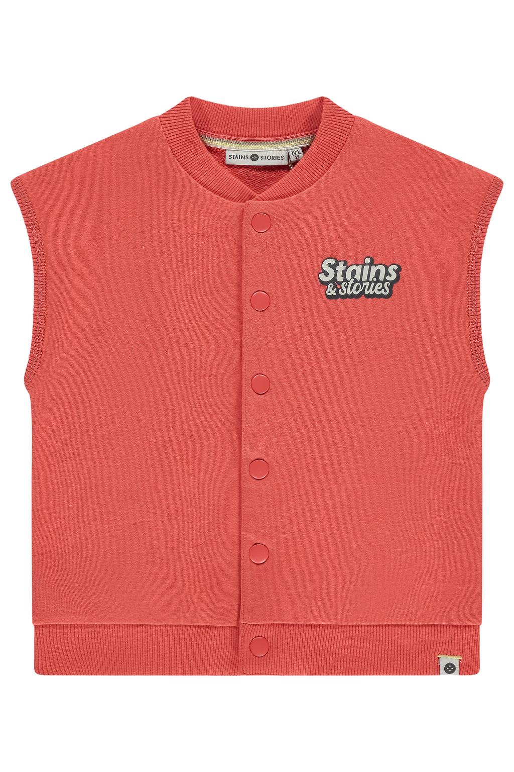 Oranje jongens Stains&Stories gilet van sweat materiaal met printopdruk, ronde hals, drukknoopsluiting en elastische boord