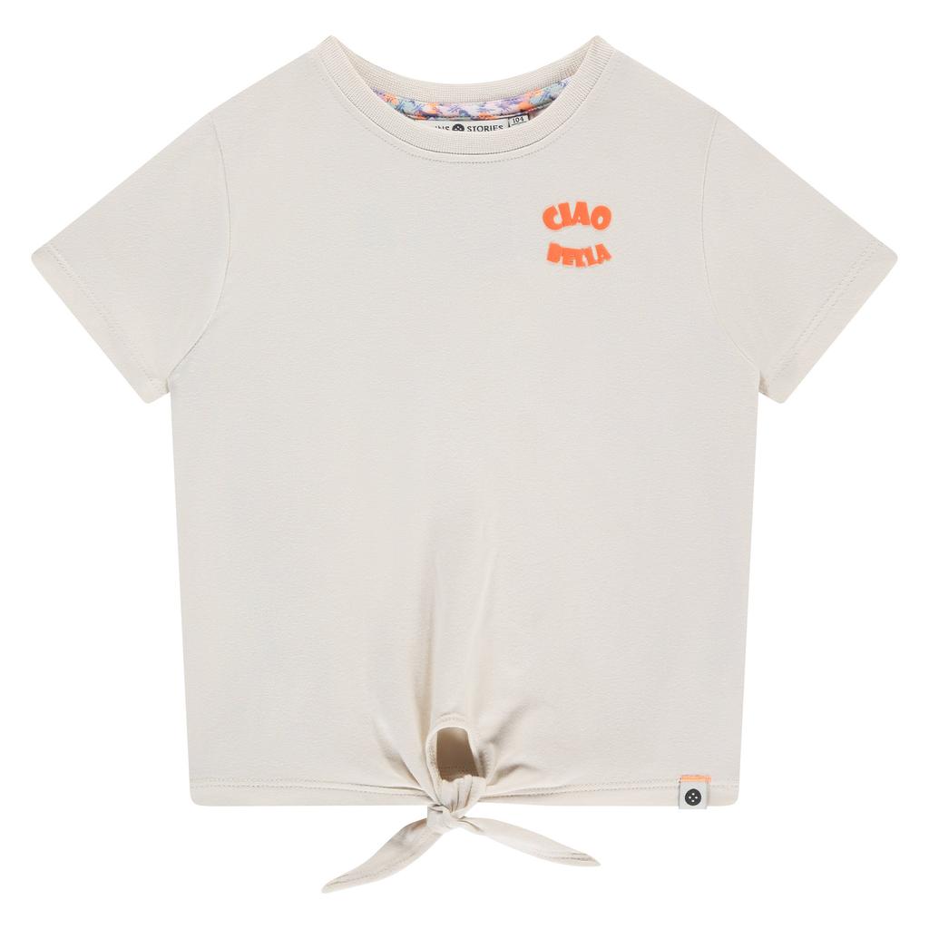 Ecru meisjes Stains&Stories T-shirt van stretchkatoen met backprint, korte mouwen, ronde hals en knoopdetail