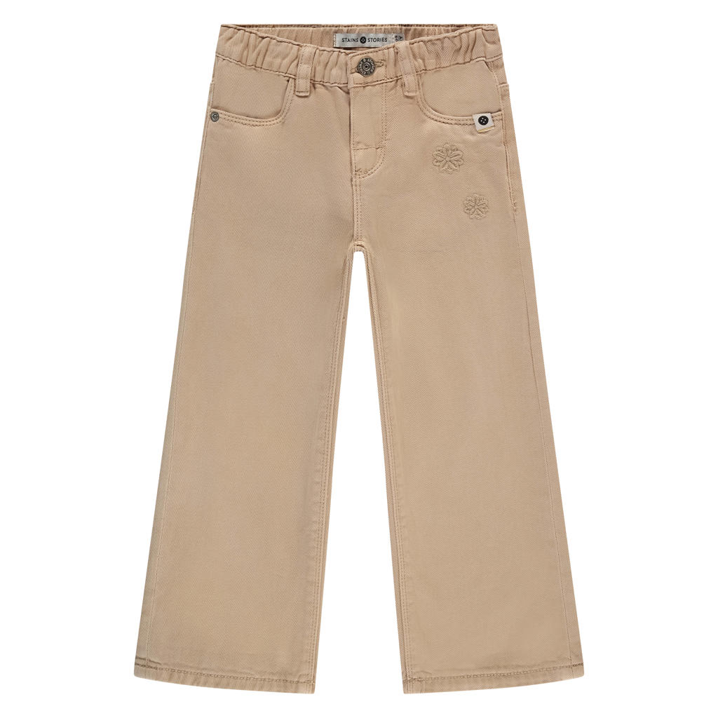 Beige meisjes Stains&Stories wide leg casual broek van katoen met rits- en knoopsluiting en effen