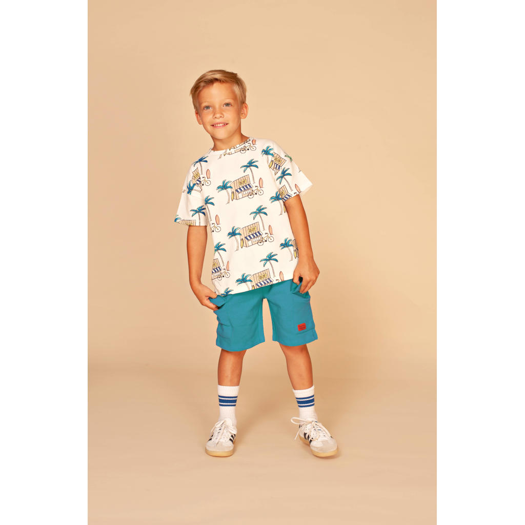 Wit, groen en beige jongens Stains&Stories T-shirt van katoen met korte mouwen en ronde hals