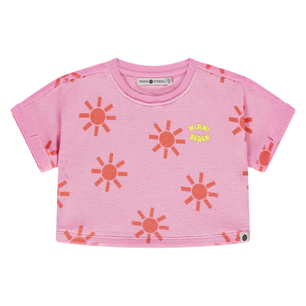 Roze en oranje meisjes Stains&Stories T-shirt van badstof met korte mouwen, ronde hals en textuur