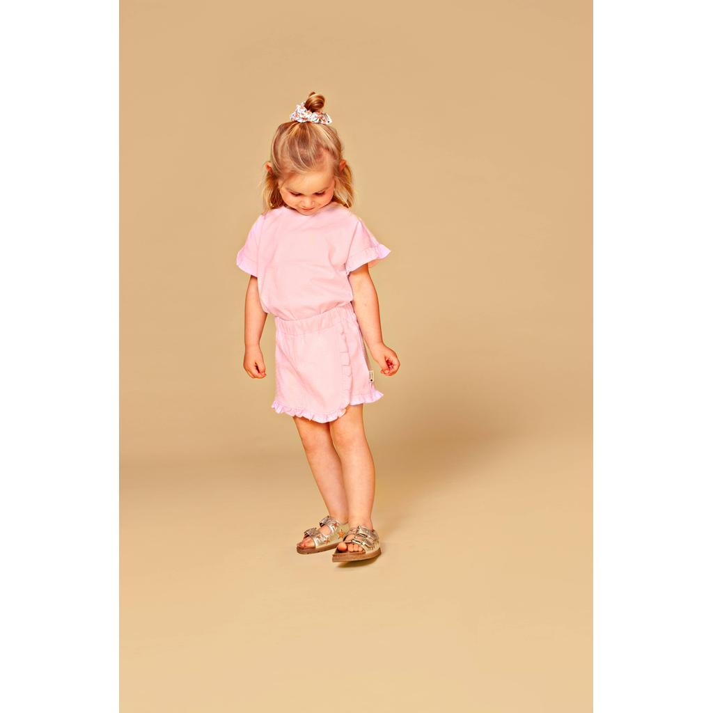 Roze meisjes Stains&Stories T-shirt van katoen met effen, korte mouwen, ronde hals en ruches