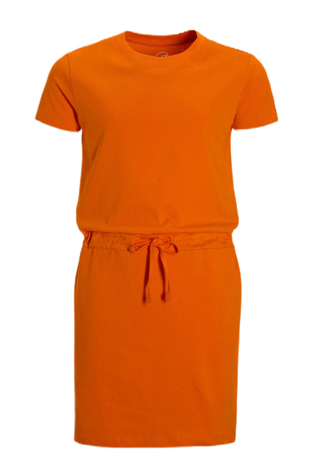 Oranje meisjes Anytime T-shirtjurk van katoen met effen, korte mouwen, ronde hals, trekkoorden en tunnelkoord