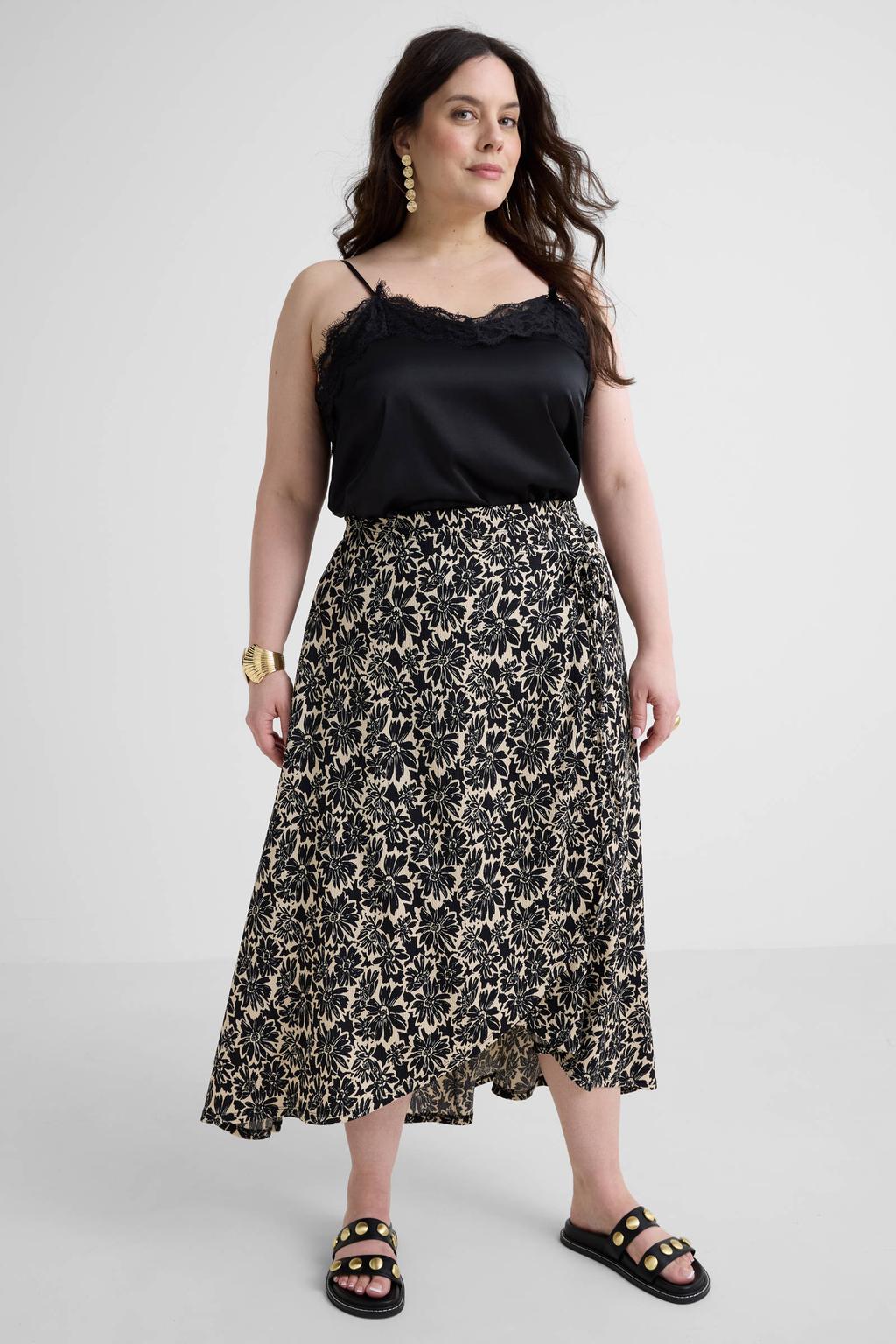 Multi, zwart en beige dames GREAT LOOKS crinkle maxi wikkelrok met bloemenprint voorzien van striksluiting