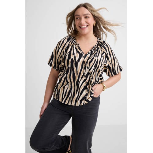 GREAT LOOKS crinkle top met strikkraag zebraprint afbeelding