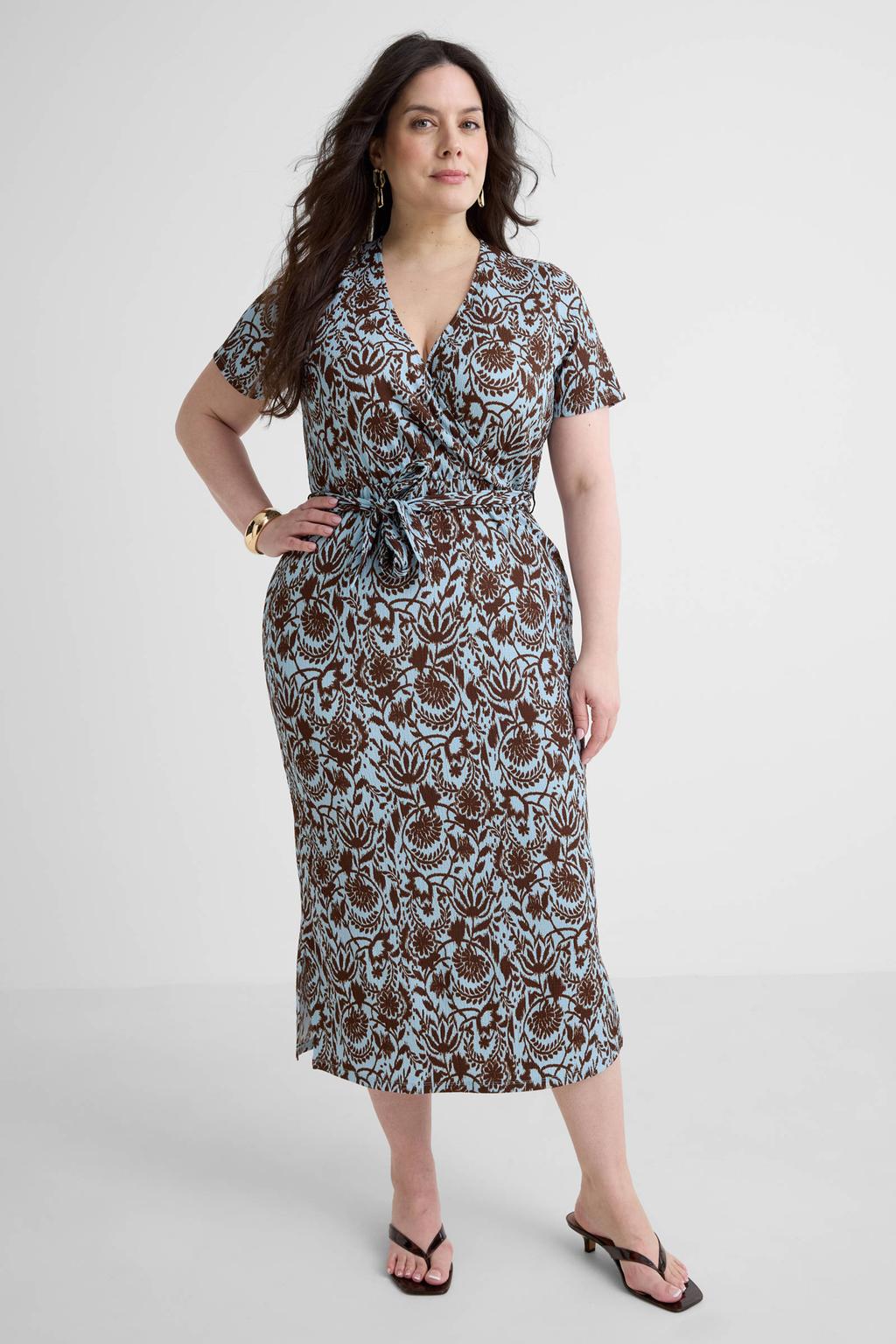 Multi, blauw en bruine dames GREAT LOOKS crinkle overslagjurk van polyester met bloemenprint en korte mouwen