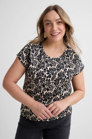 crinkle top met bloemenprint zwart/beige