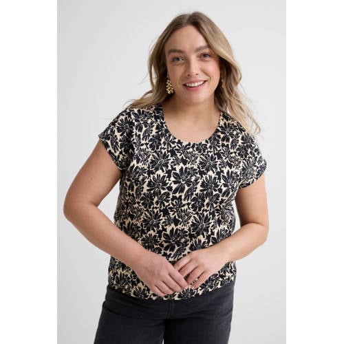 GREAT LOOKS crinkle top met bloemenprint zwart/beige afbeelding