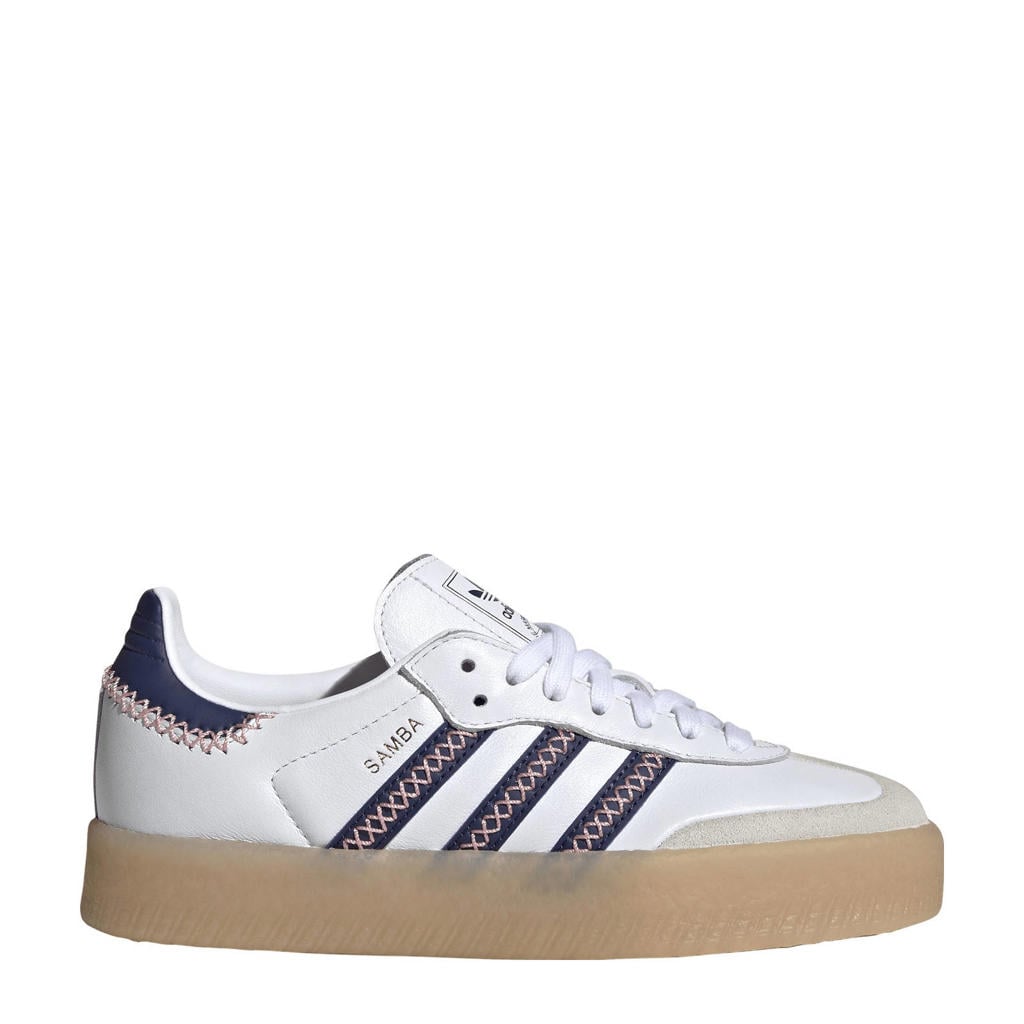 Wit en donkerblauwe jongens en meisjes adidas Originals Sambae sneakers van bovenwerk van leer en synthetische materialen met veters