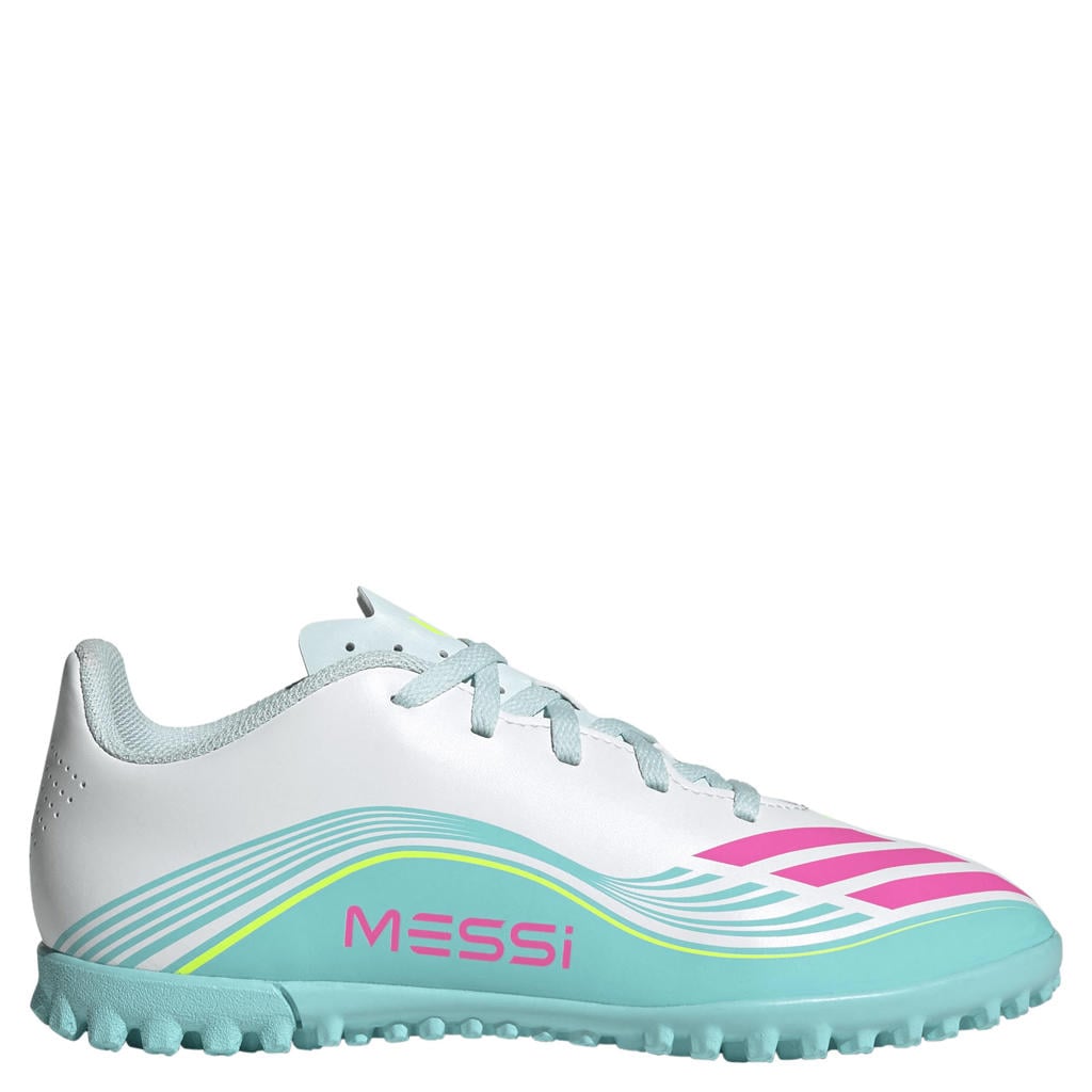 Wit, roze en lichtgroene jongens en meisjes adidas Performance F50 Messi Club TF junior voetbalschoenen van imitatieleer/textiel