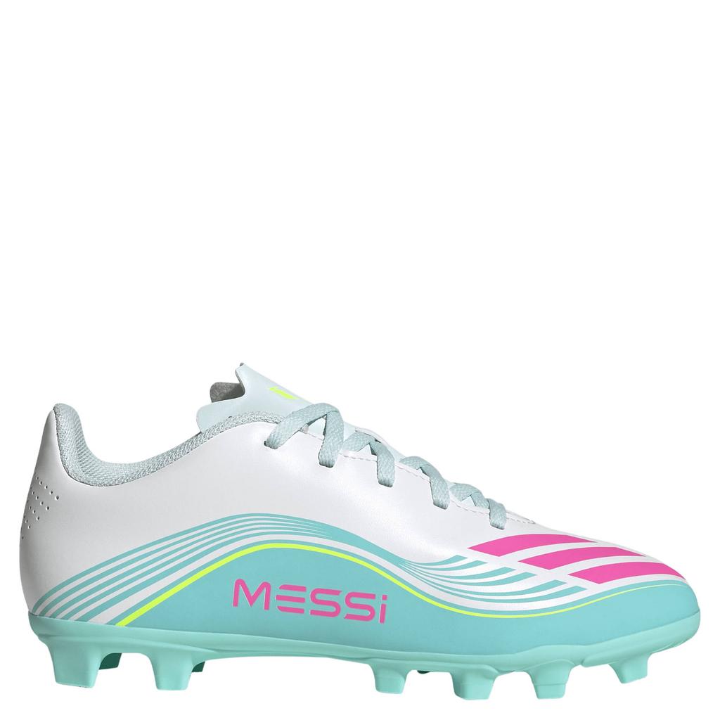 Wit, roze en lichtgroene jongens en meisjes adidas Performance F50 Messi Club FG MG junior voetbalschoenen van imitatieleer/voering: mesh/voetbed: eva