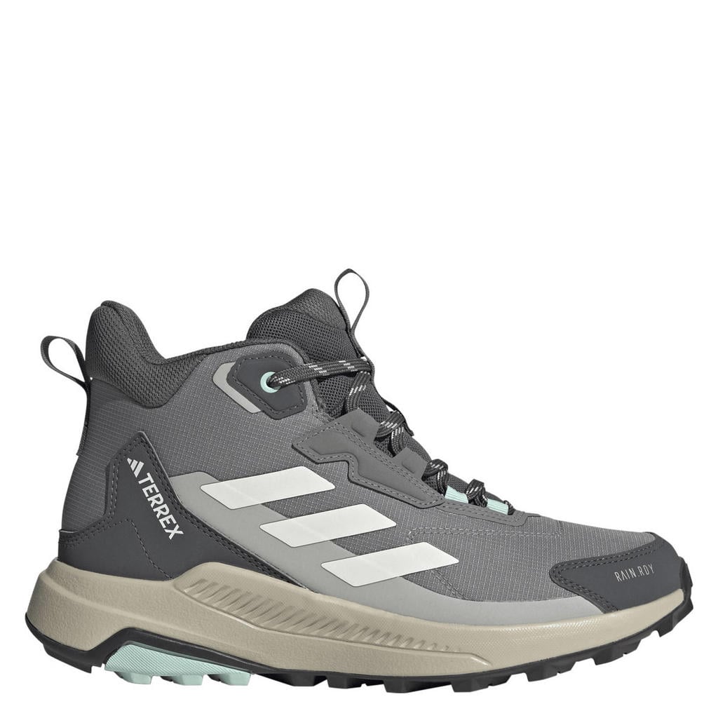 Grijs en lichtgrijze dames adidas Terrex Anylander Mid Rain.RDY wandelschoenen van mesh-pu/voering: mesh/voetbed: eva met veters