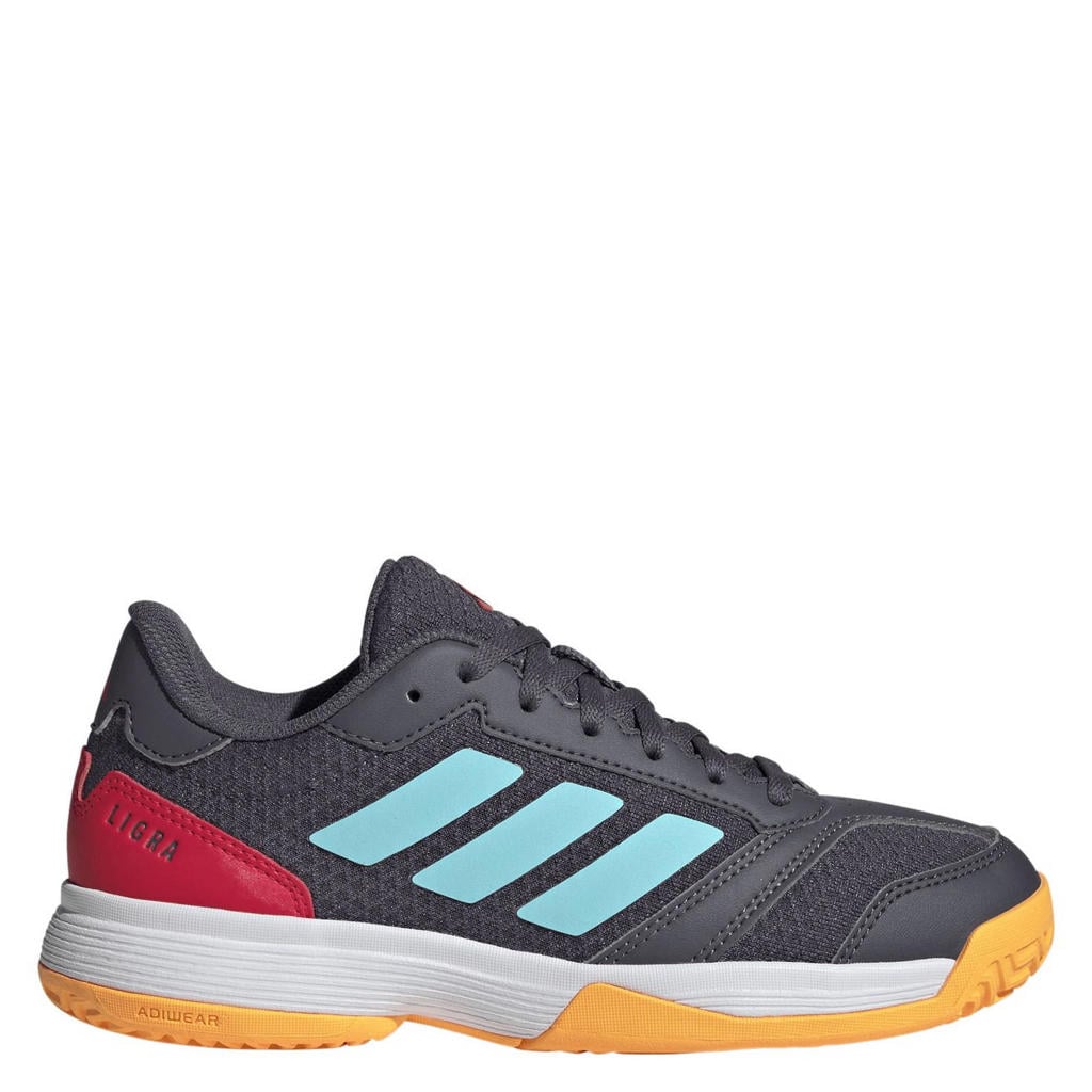 Grijs, aqua en rode jongens en meisjes adidas Performance Ligra 8 zaalsportschoenen van mes-pu/voering: mesh/voetbed: eva met veters