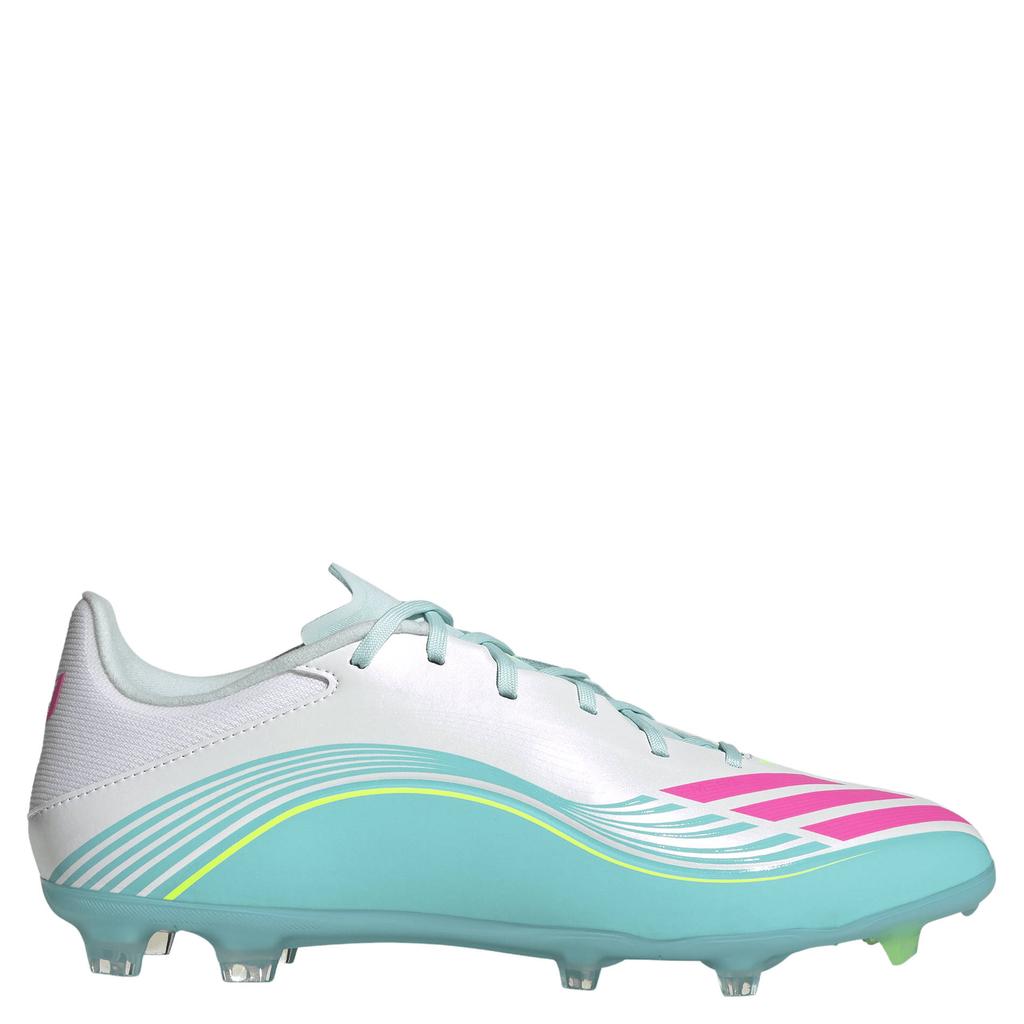 Wit, roze en lichtgroene unisex adidas Performance F50 Messi League FG senior voetbalschoenen van imitatieleer/textiel