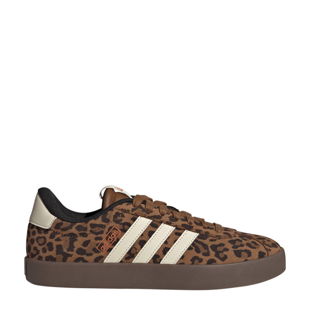 Bruin en witte dames adidas Sportswear VL Court 3.0 suede sneakers met veters en dierenprint