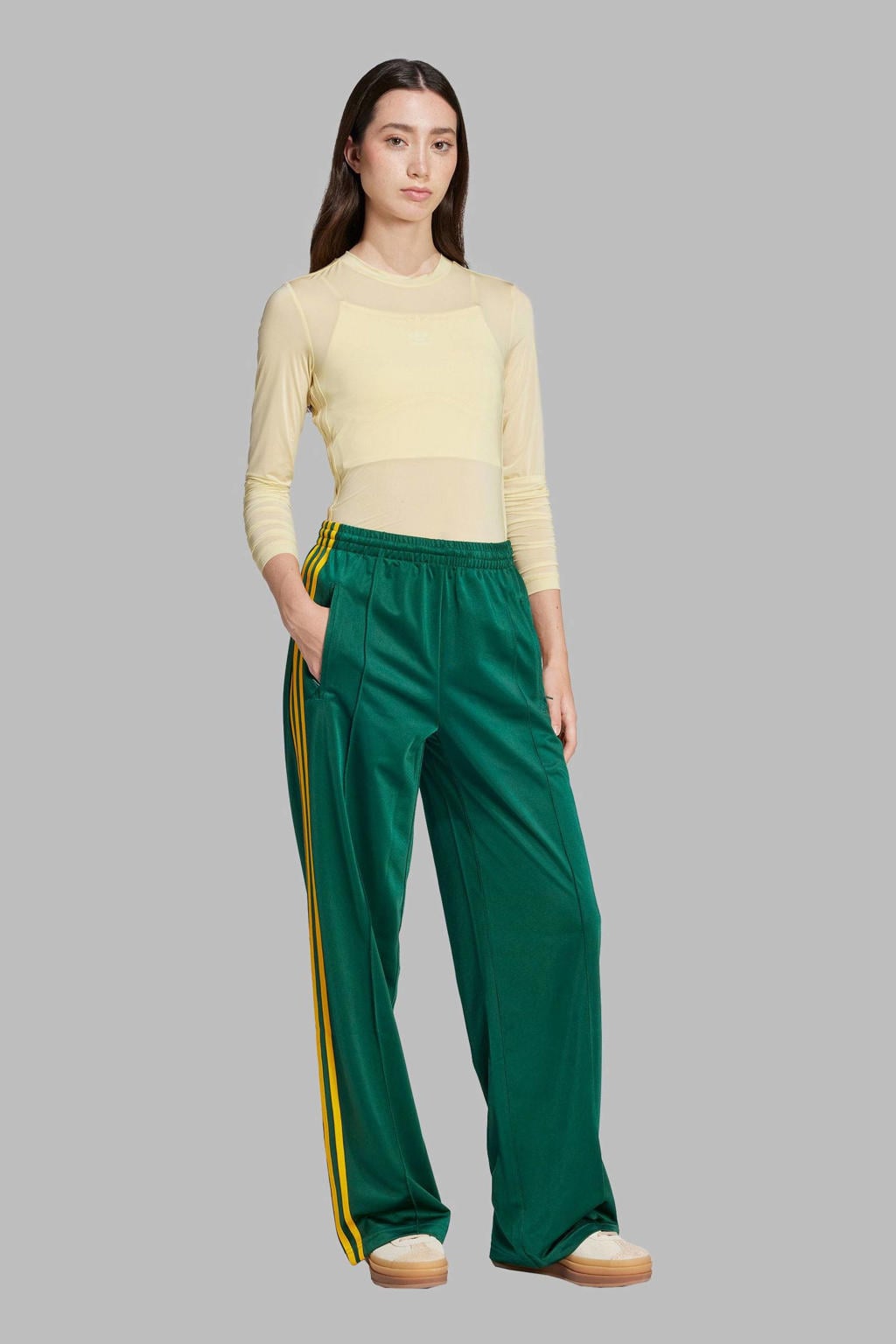 Donkergroen en gele dames adidas Originals trainingsbroek Firebird loose van polyester met high waist en effen