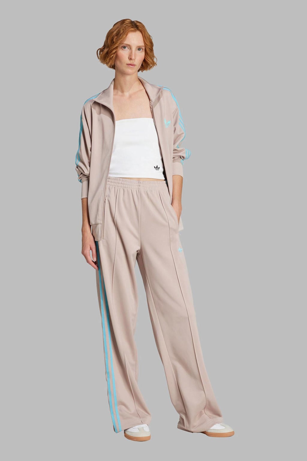 Taupe en blauwe dames adidas Originals trainingsbroek Firebird loose van polyester met high waist en effen